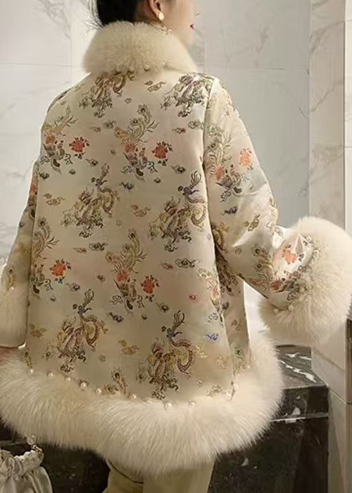 Art Beige Fur Collar Nail Bead Patchwork Parka Winter WL002