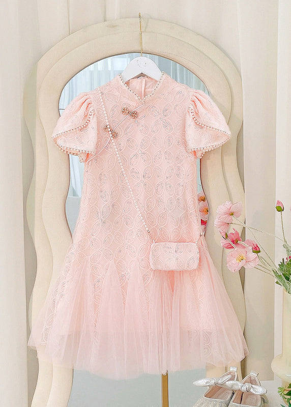 Robe longue à manches courtes en tulle et perles beiges pour enfants MN012