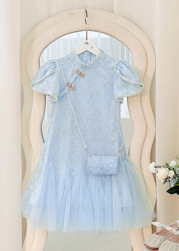 Robe longue à manches courtes en tulle et perles beiges pour enfants MN012