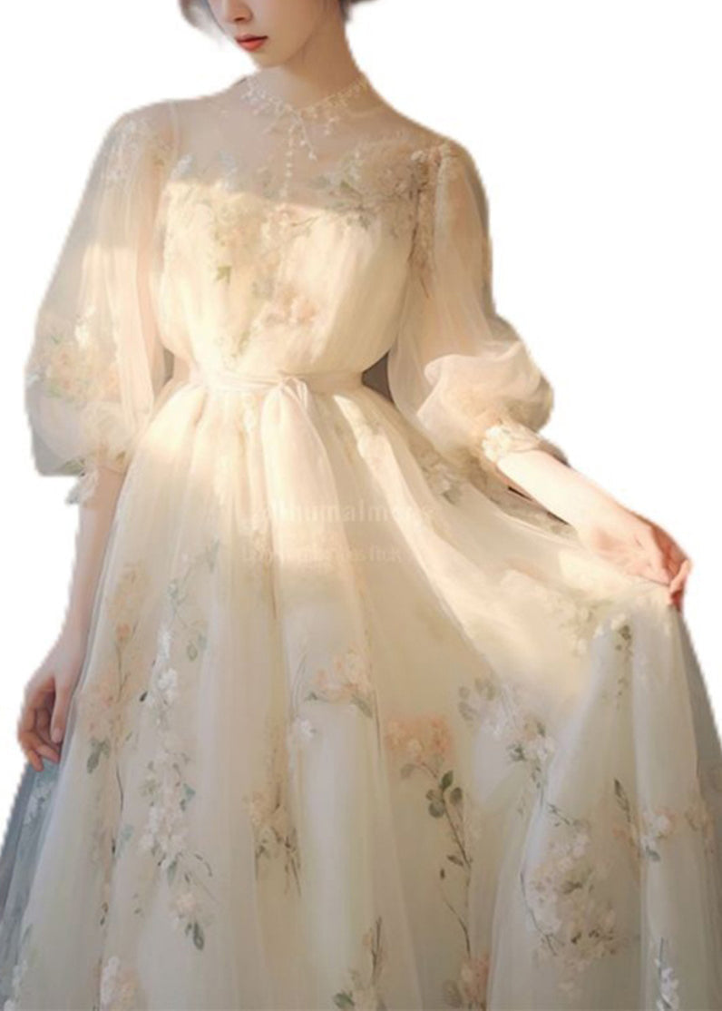 Robe longue en tulle à lacets et imprimé beige Art KJ014