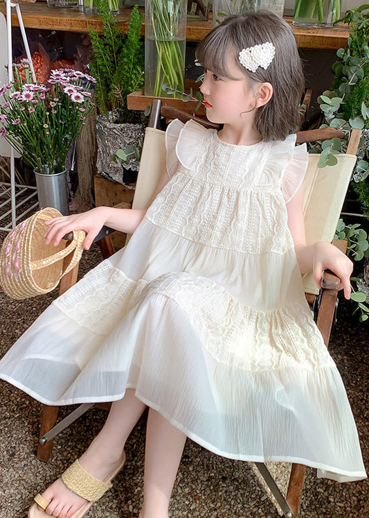 Robe longue d'été en coton beige à volants ajourés pour filles EW050