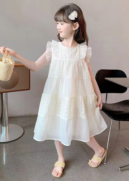 Art Beige Ruffled Hollow Out Cotton Girls Long Dress Summer EW050