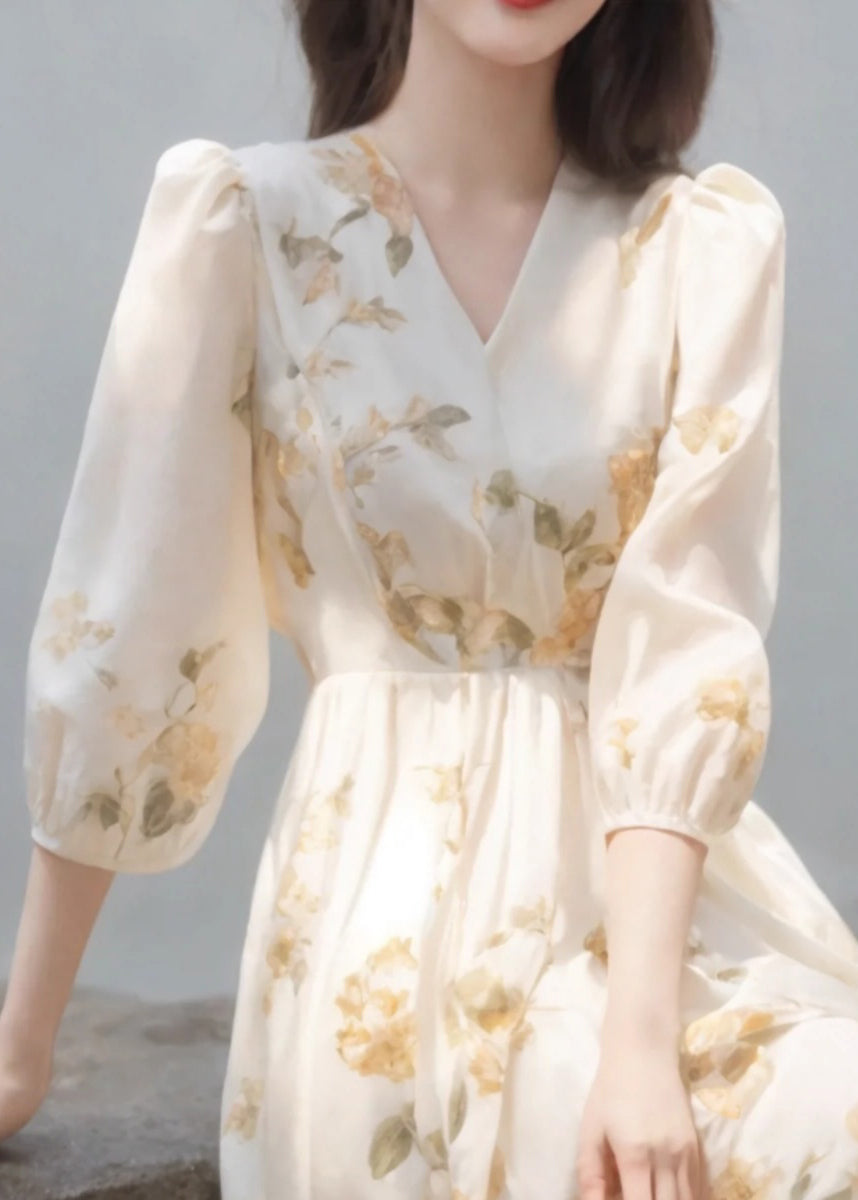 Art Beige V Neck High Waist Chiffon Dress Bracelet Sleeve KJ003