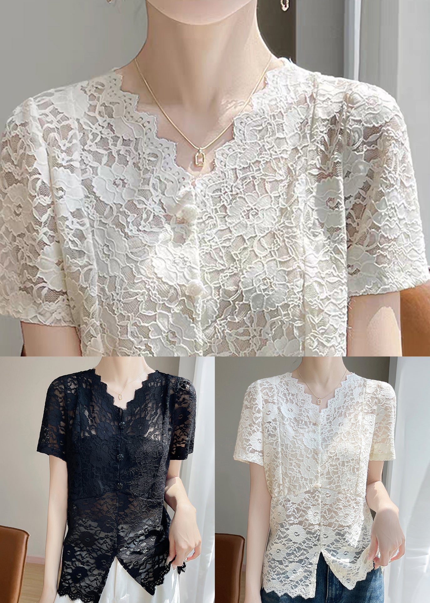 Lace Side Art Summer Shirts V Neck Beige Open