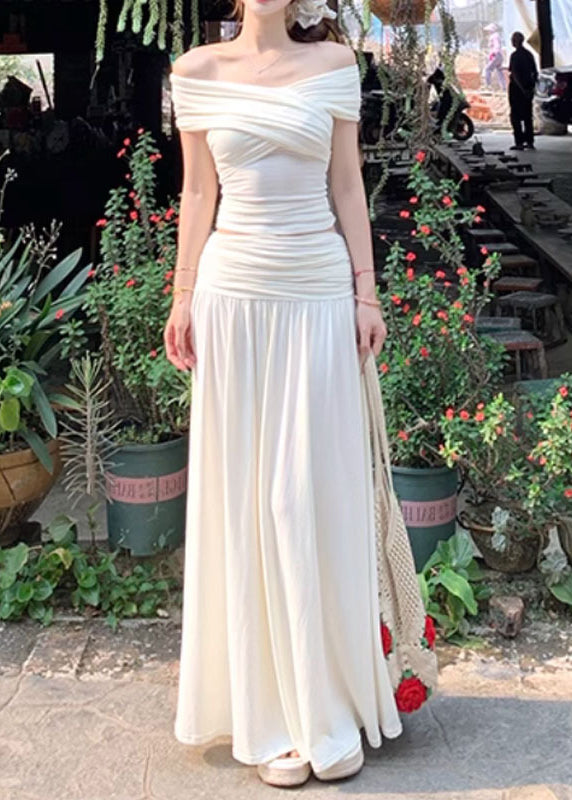 Röcke und zerknitterte Tops Sommer Baumwolle Set Art Beige Zwei Teile