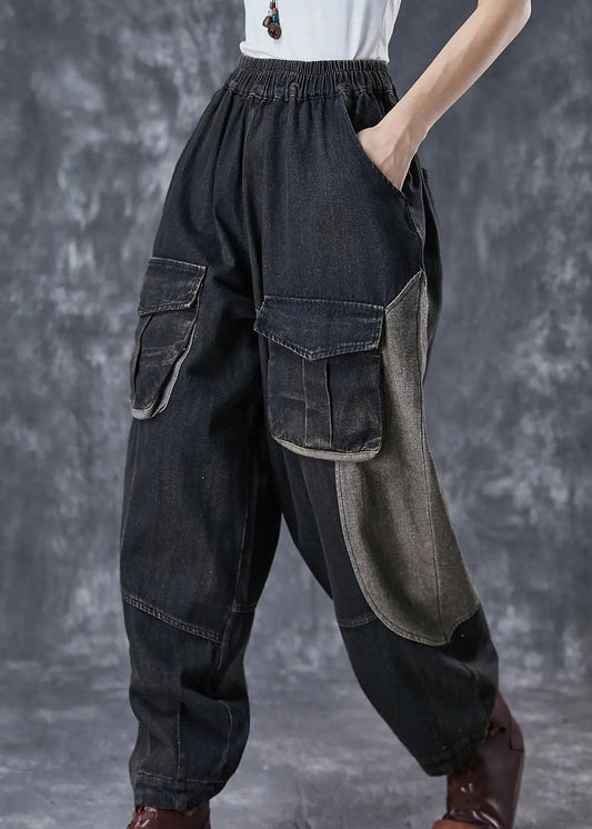 Art Black Oversized Patchwork Pockets Denim Pants Spring Ada Fashion