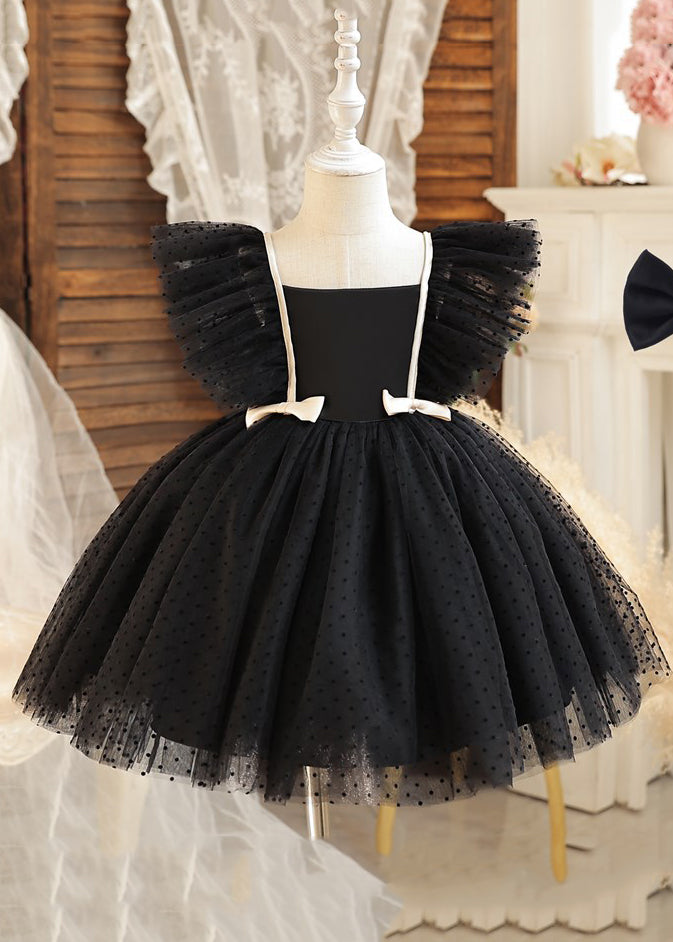 Robe mi-longue en tulle à col carré et nœud pour enfants, sans manches, noire, EW008