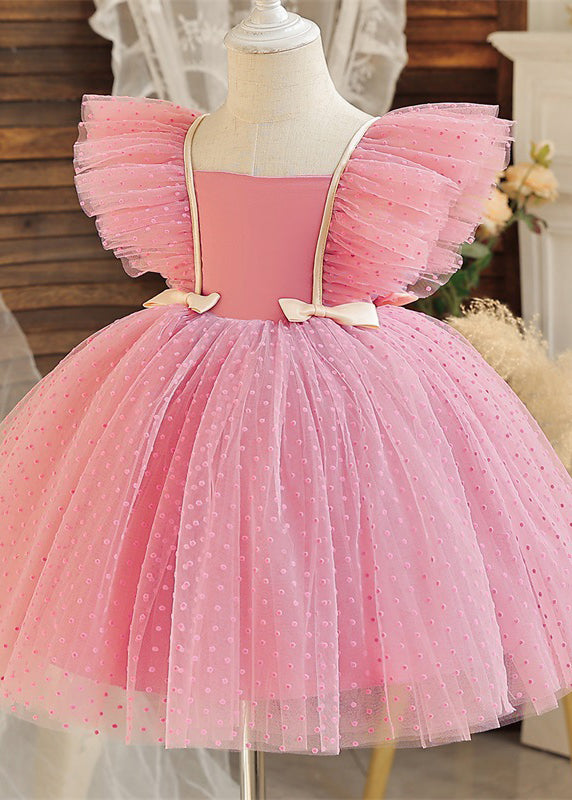 Robe mi-longue en tulle à col carré et nœud pour enfants, sans manches, noire, EW008