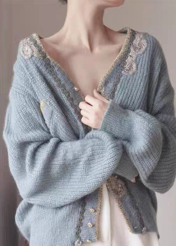 Cardigans en tricot à boutons brodés bleus Art Printemps TY025