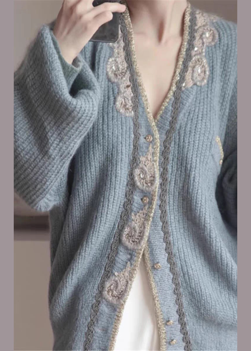 Cardigans en tricot à boutons brodés bleus Art Printemps TY025