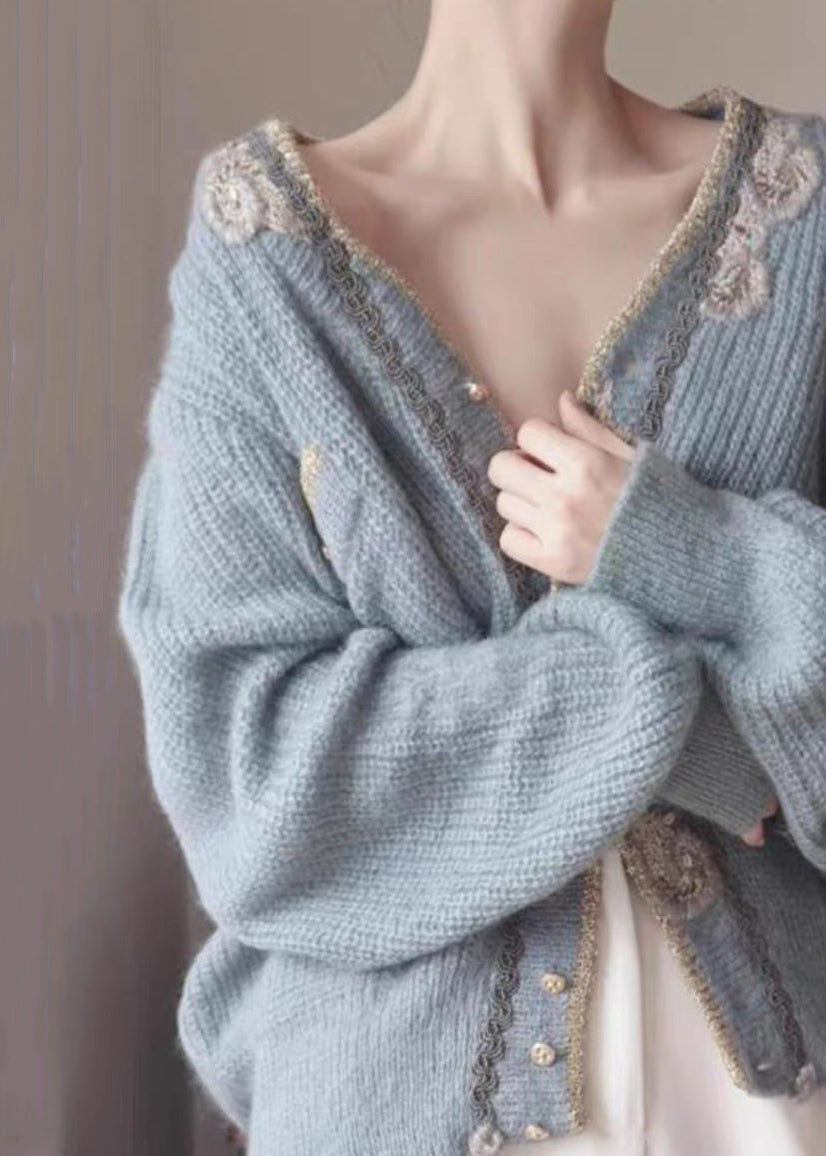 Cardigans en tricot à boutons brodés bleus Art Printemps TY025