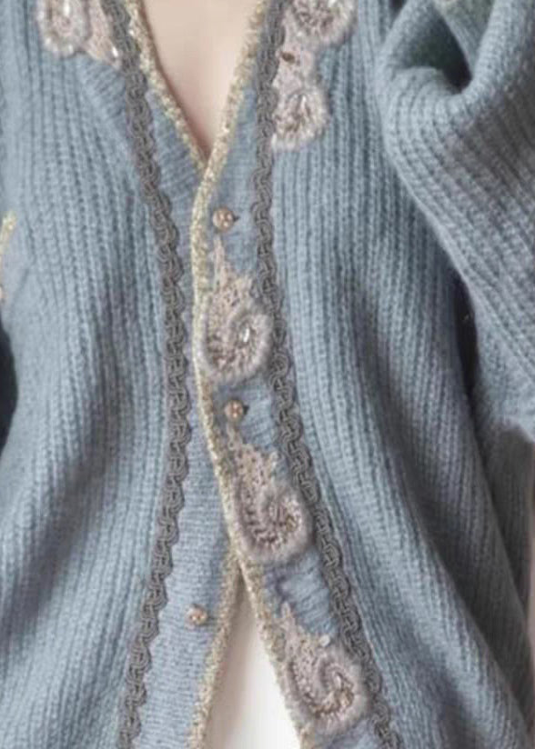 Cardigans en tricot à boutons brodés bleus Art Printemps TY025
