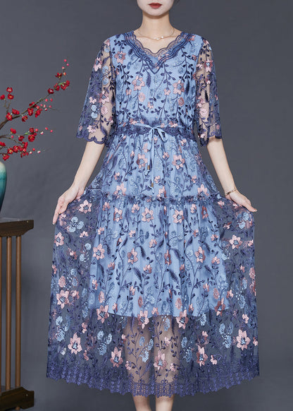 Art Blue Embroidered Tulle Cinched Dress Summer SD1089