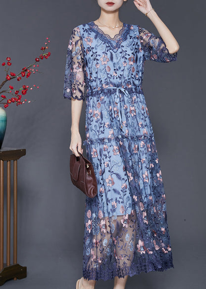 Art Blue Embroidered Tulle Cinched Dress Summer SD1089