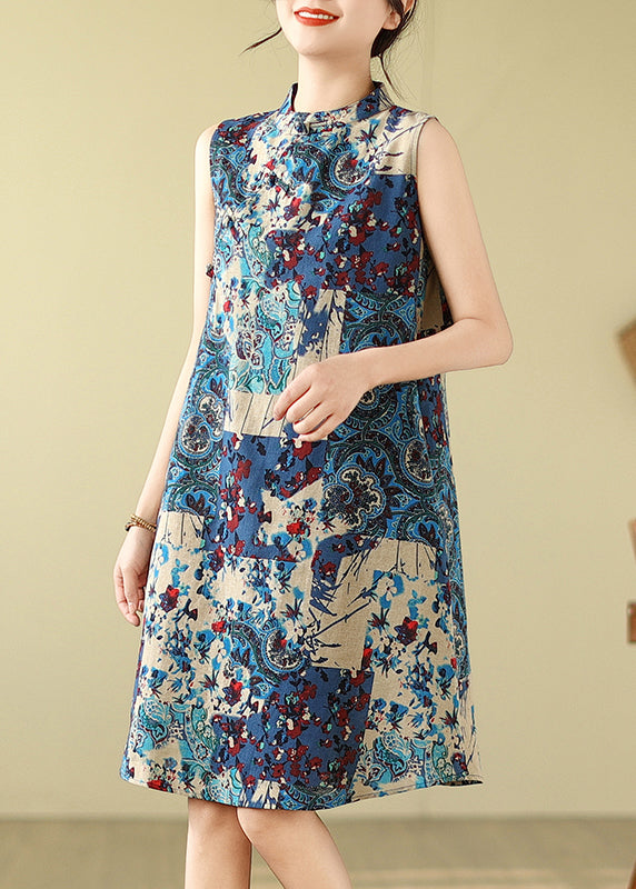 Mid Cotton Print Blue Collar Mandarin Art Dress Sleeveless