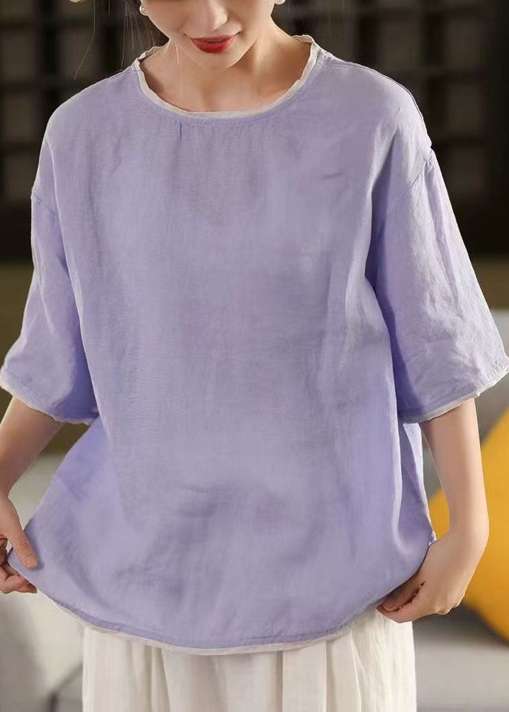 Tank Linen Blue Tops Art Sleeve Half O-Neck Patchwork