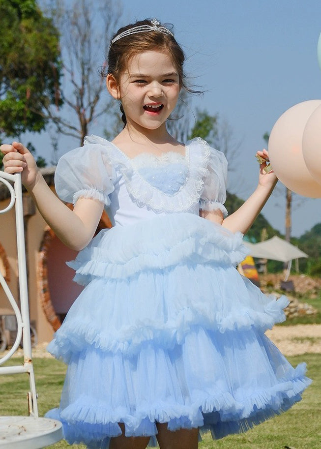 Robe longue à volants en tulle bleu à col rond pour enfants et filles, manches courtes, EW026