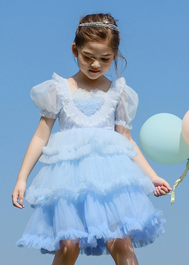 Robe longue à volants en tulle bleu à col rond pour enfants et filles, manches courtes, EW026