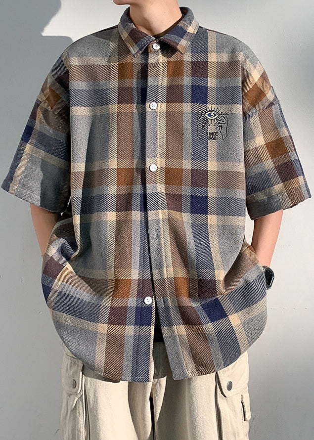 Peter Plaid Letter Collar Half Art Mens Shirts Pan Cotton Blue