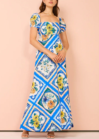 Art Blue Square Collar Print Linen Long Dresses Summer FF082