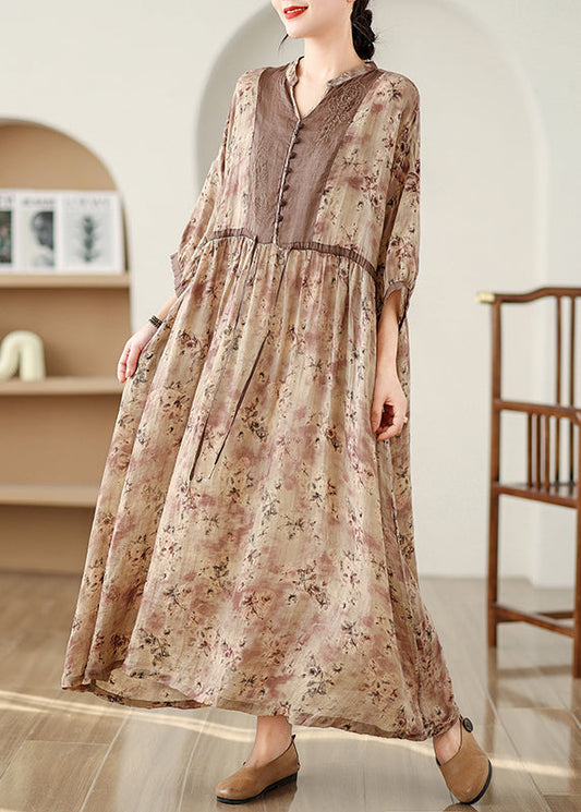 Bracelet Print Linen Art Dresses Brown Sleeve Maxi Cinched