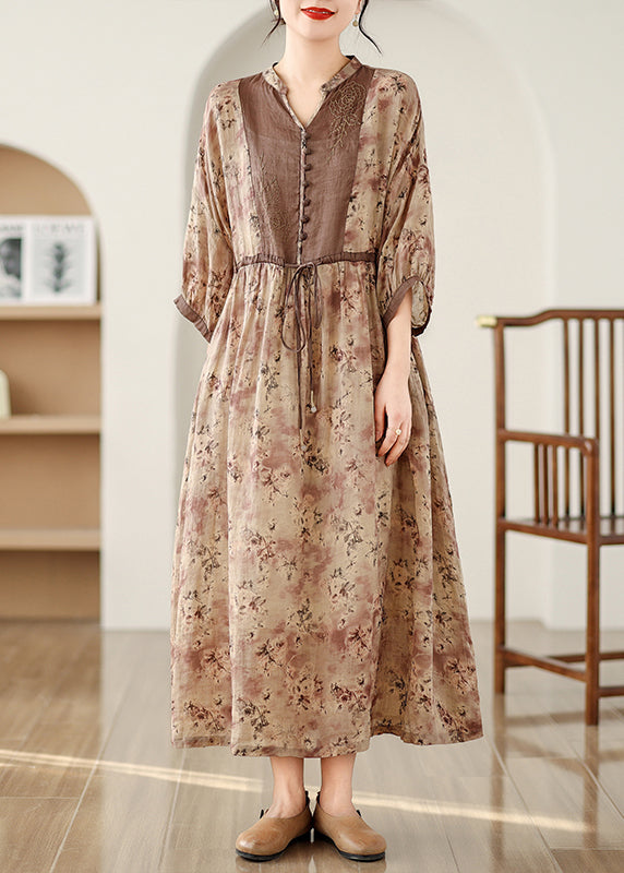 Bracelet Print Linen Art Dresses Brown Sleeve Maxi Cinched