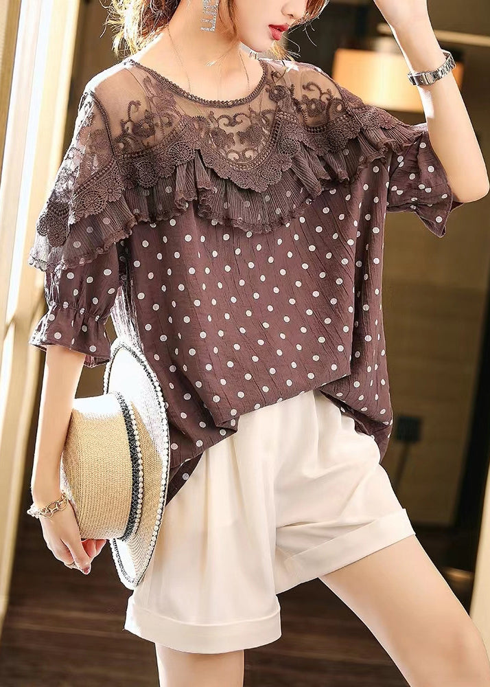 Art Coffee Lace Patchwork Dot Print Top Halbarm WW045