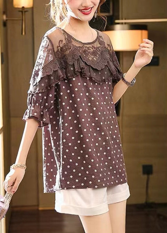 Art Coffee Lace Patchwork Dot Print Top Halbarm WW045