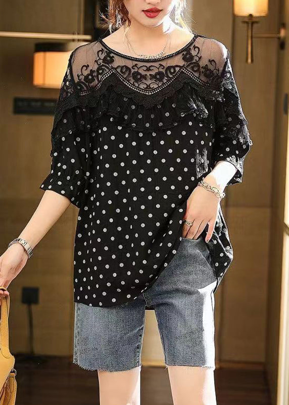 Art Coffee Lace Patchwork Dot Print Top Halbarm WW045