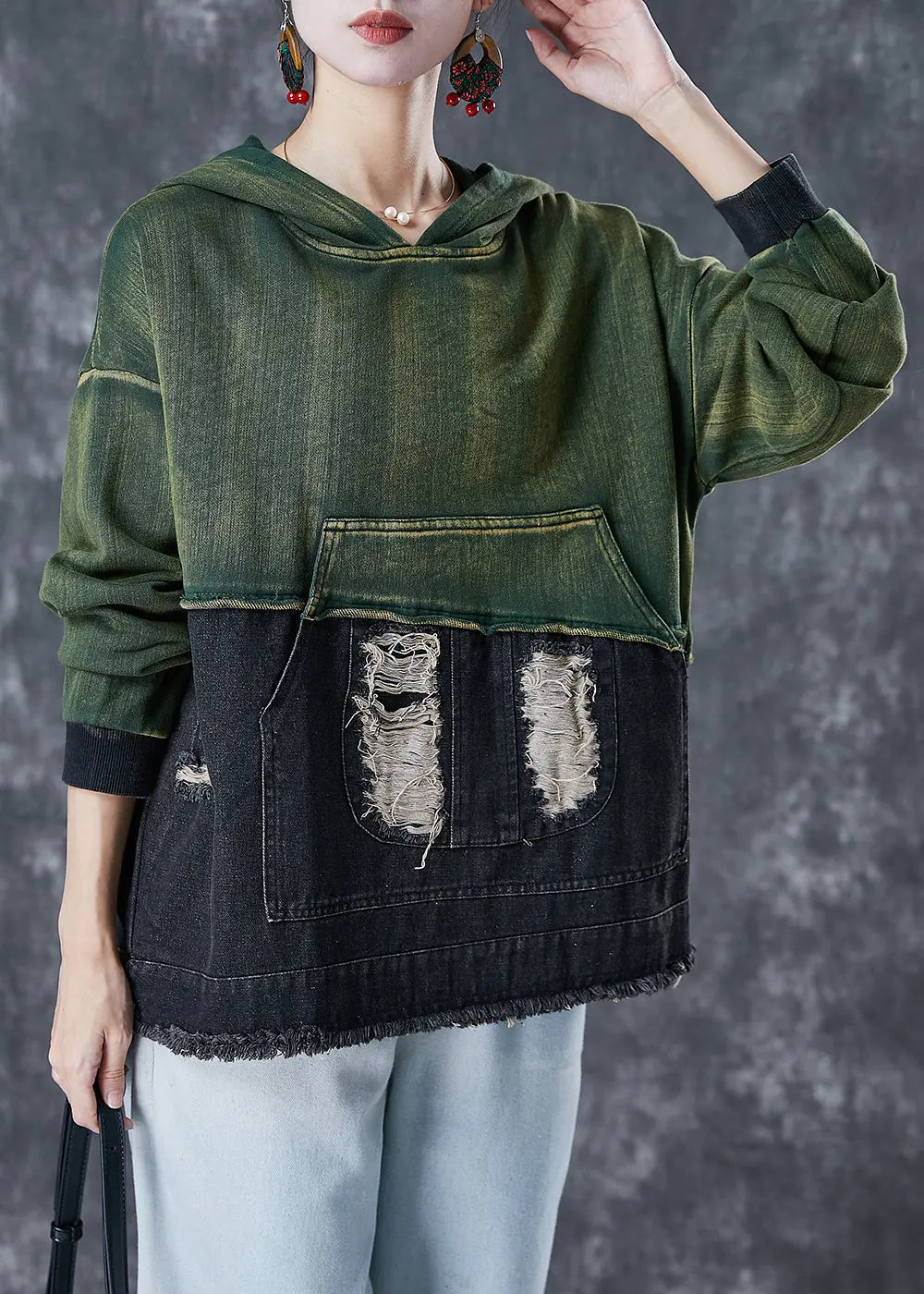 Art Colorblock Hooded Patchwork Cotton Ripped Sweatshirt Fall Ada Fashion