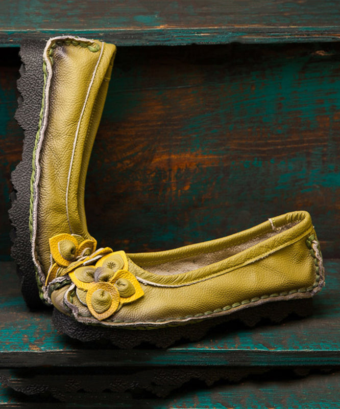Art Flower Flat Shoes Green Cowhide Leather SL1013