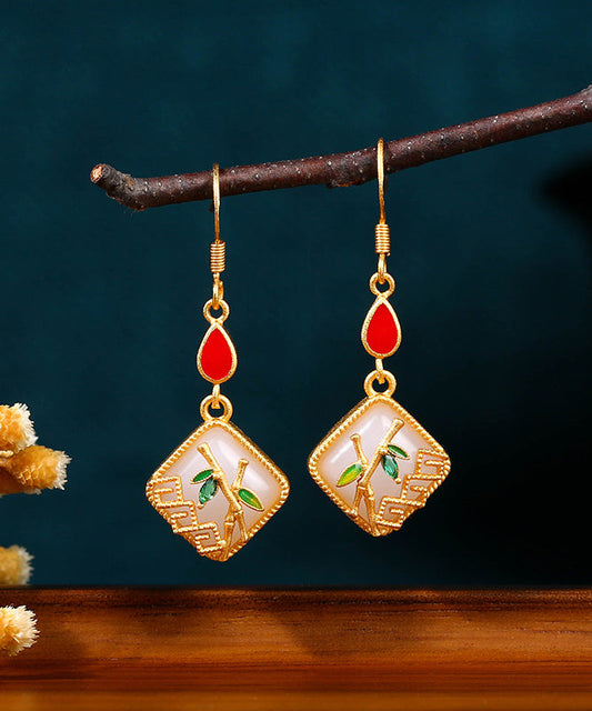 Art Gold Copper Overgild Inlaid Jade Gem Stone Bamboo Leaf Drop Earring KX1090