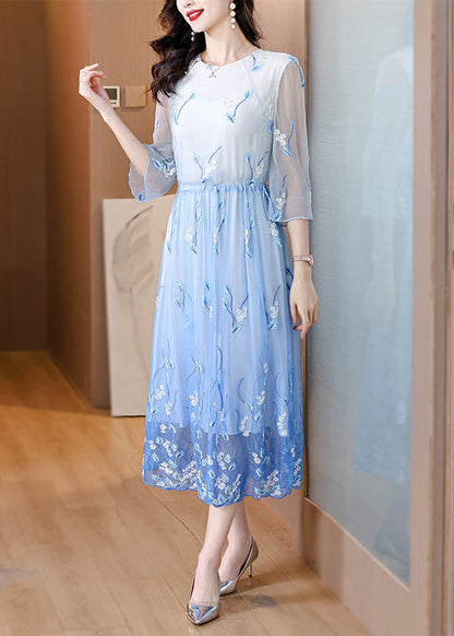 Art Gradient Blue O Neck Embroidered Drawstring Silk Dress Summer BB028