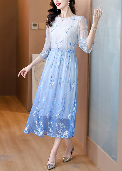 Art Gradient Blue O Neck Embroidered Drawstring Silk Dress Summer BB028