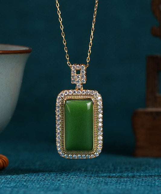 Art Green Copper Overgild Jade Zircon Pendant Necklace KX1057
