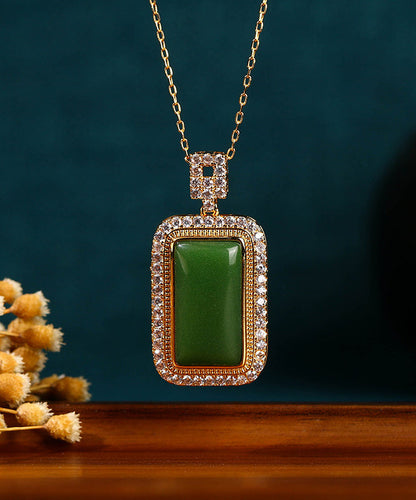 Art Green Copper Overgild Jade Zircon Pendant Necklace KX1057