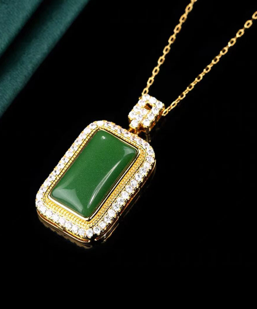 Art Green Copper Overgild Jade Zircon Pendant Necklace KX1057