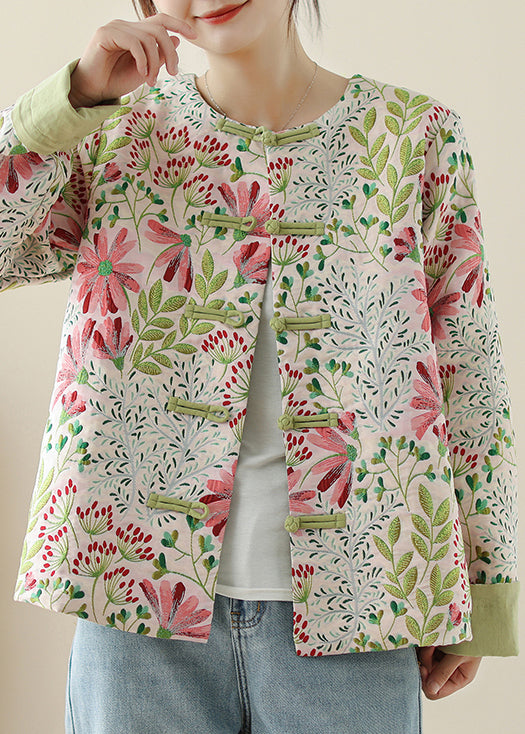 Art Green Embroidered Button Cotton Coats Fall QO032