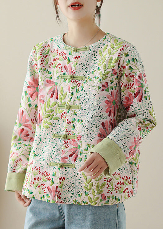 Art Green Embroidered Button Cotton Coats Fall QO032