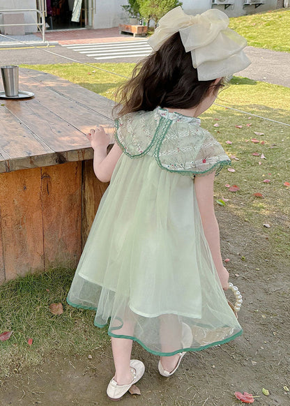 Art Green Embroideried Patchwork Button Tulle Girls Vacation Maxi Dresses Summer MN006