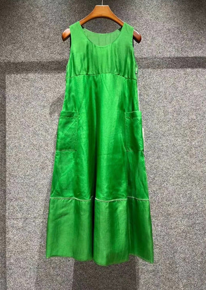 Art Green O Neck Pockets Patchwork Silk Dresses Sleeveless EE1032