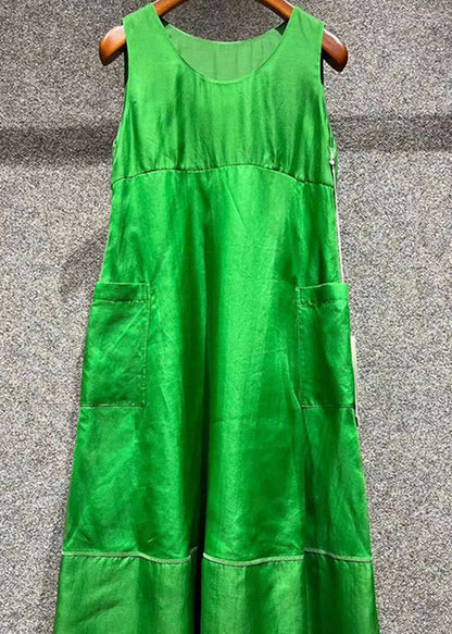 Art Green O Neck Pockets Patchwork Silk Dresses Sleeveless EE1032