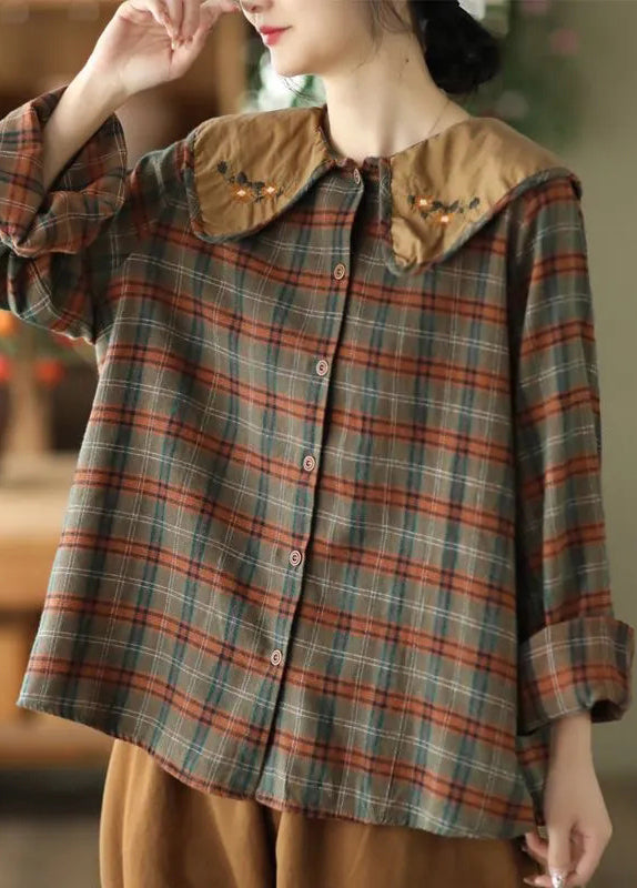 Embroidered Spring Cotton Green Blouses Art Plaid