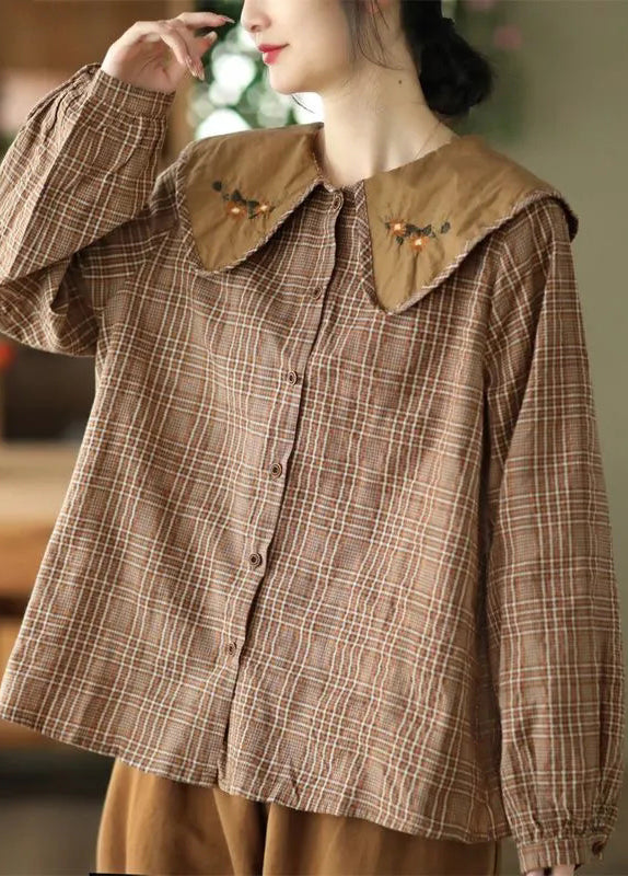 Spring Green Plaid Art Blouses Embroidered Cotton