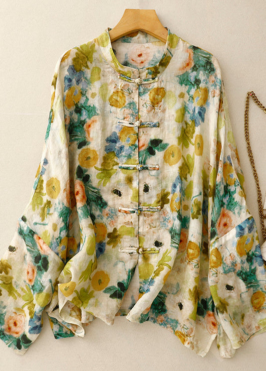 Chemises Art Lin Printemps Vert Bouton Imprimé Chinois