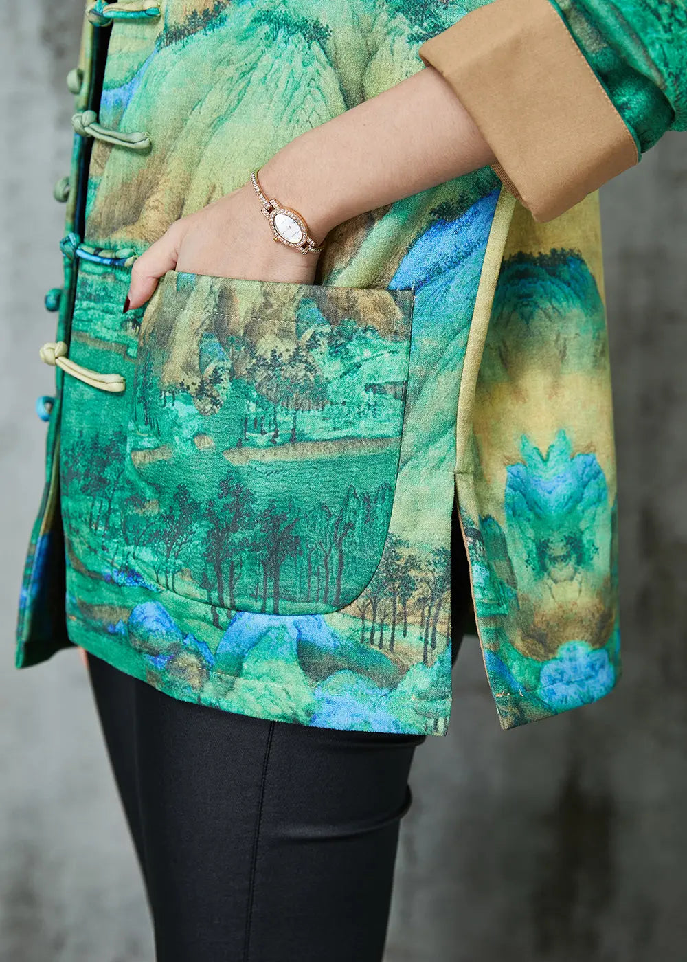 Art Green Print Chinese Button Silk Jacket Spring Ada Fashion