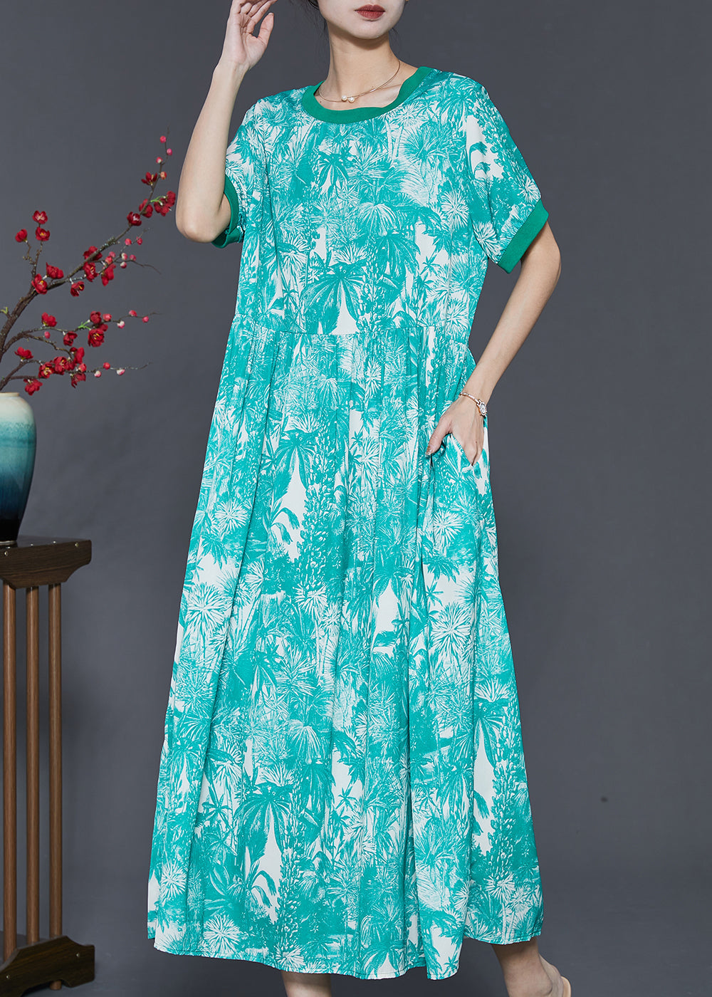 Art Green Print Exra Large Hem Chiffon Dress Summer SD1060