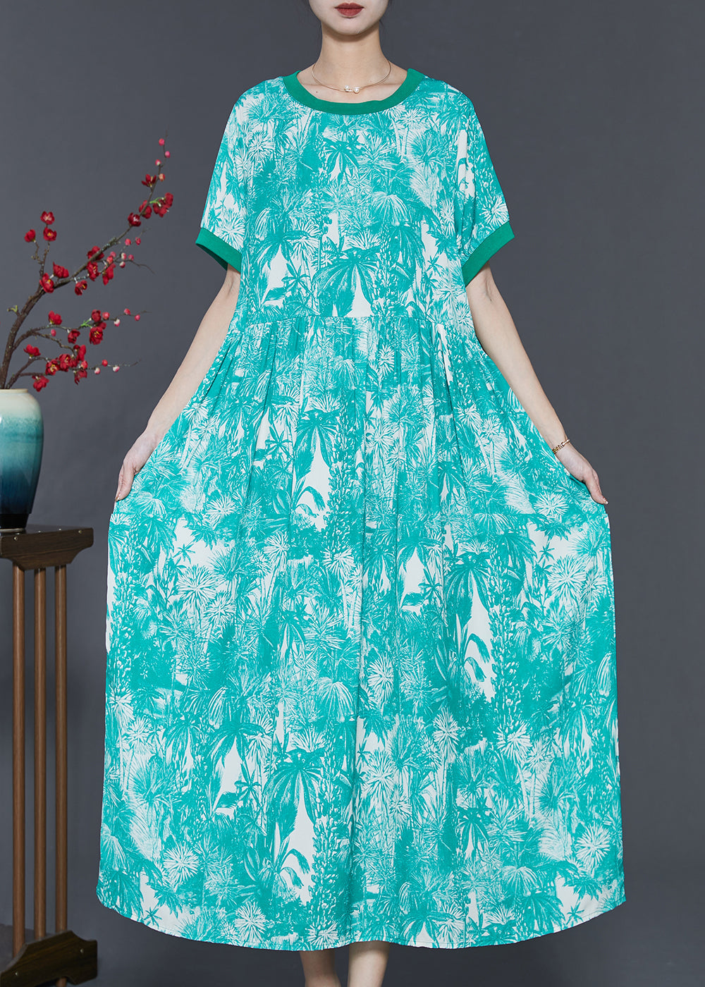 Art Green Print Exra Large Hem Chiffon Dress Summer SD1060