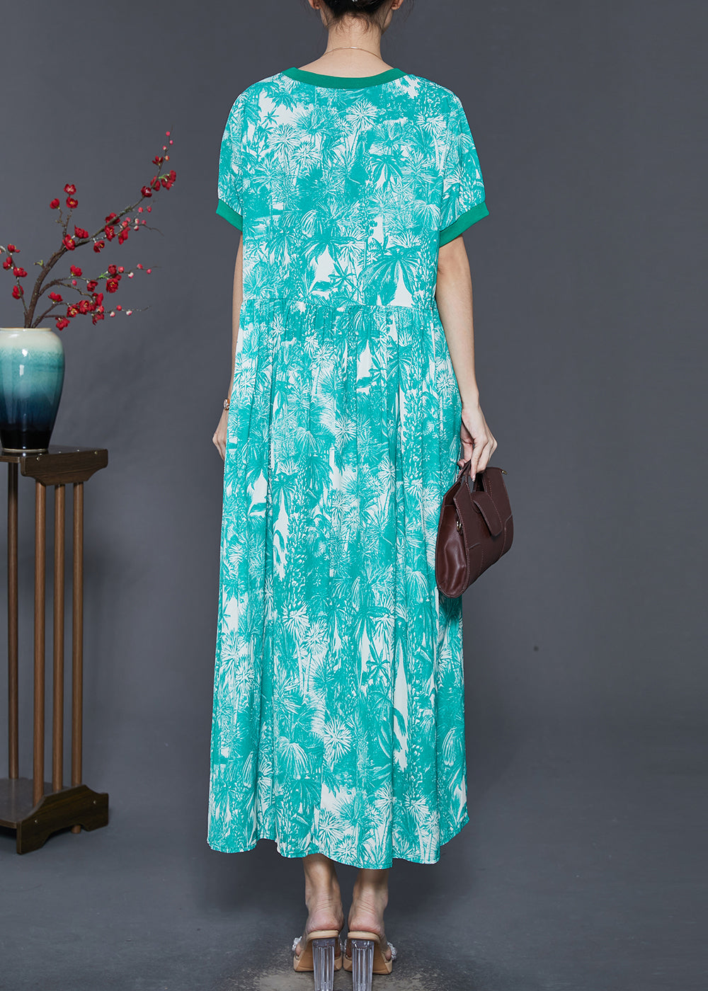 Art Green Print Exra Large Hem Chiffon Dress Summer SD1060