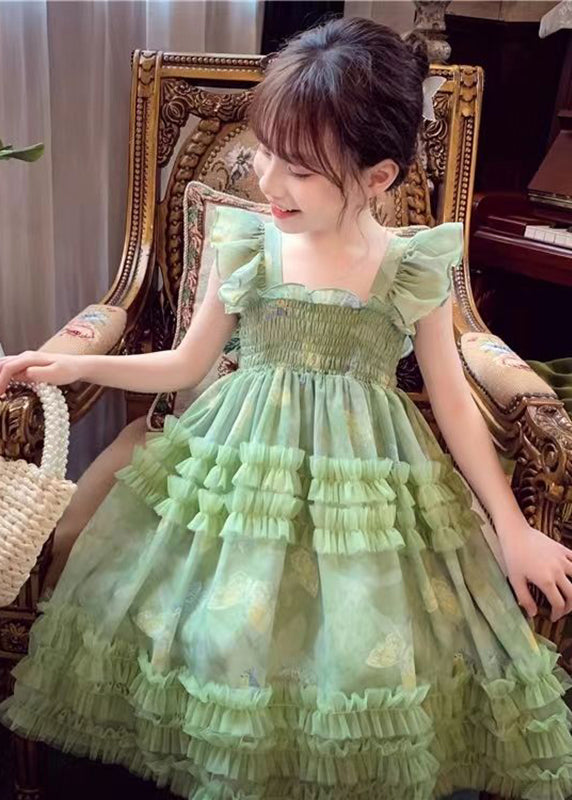 Robe longue en tulle froissé à imprimé vert art col carré pour fille sans manches EW023